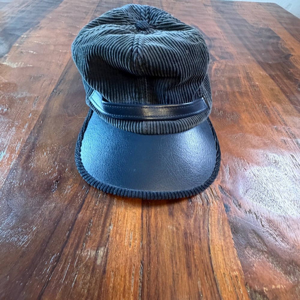 Vintage P Navy Blue Corduroy Greek Fisherman Hat Faux Leather Brim Made in USA L